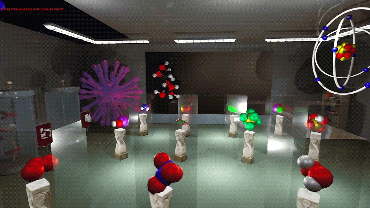 Sala de Chemical Land con modelos atómicos y moleculares en el entorno virtual